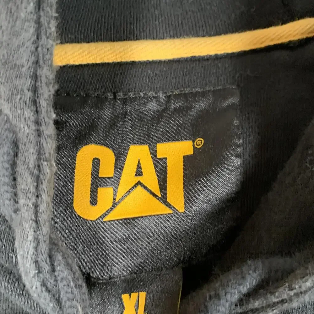 CAT Hoodie Mens XL Black Pullover Fleece Kangaroo Pocket Logo Workwear Graphic